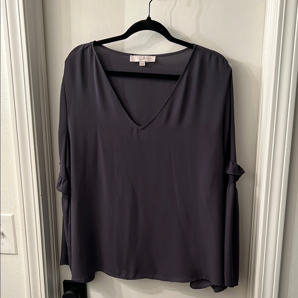 LOFT Gray Relaxed Cuffed Sleeve Blouse